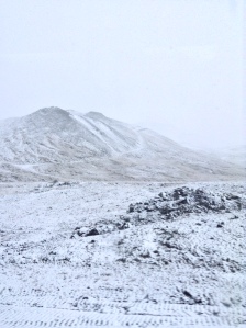 A slightly hazy snow photo taken out of the coach window